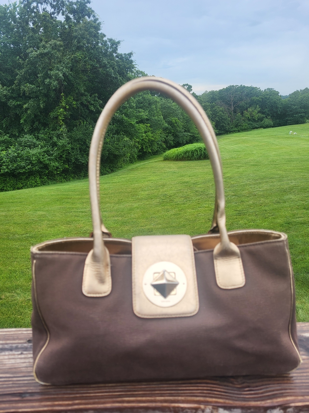 Kate Spade Maddox Shoulder Bag ChocolateBrown Canvas  with Metallic Gold Accents
